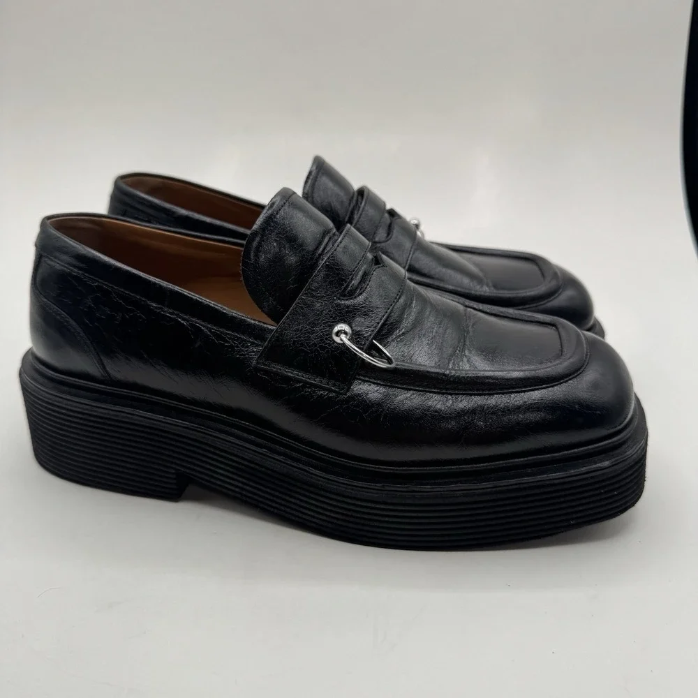 Marni O-Ring Penny Loafers Platform Black Shiny Leather Mens Sz US 9.5 Italy